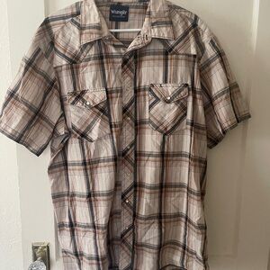 Vintage Wrangler Men's Plaid Short Sleeve Pearl snap Shirt - Orange 2XL tall
